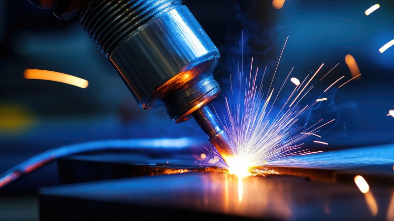 Nahaufnahme eines Schweißvorgangs, bei dem helle Funken aus der Schweißnaht sprühen, während Metallteile miteinander verbunden werden.